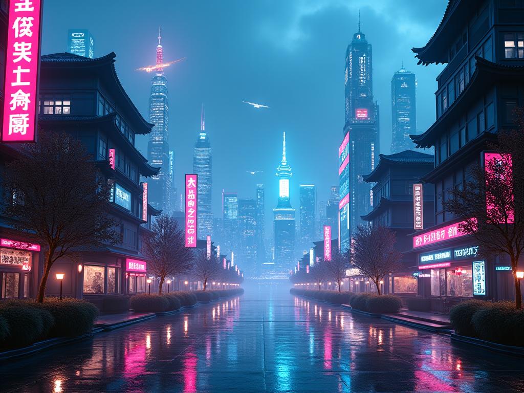 未来都市ネオ京都の広大なVR風景